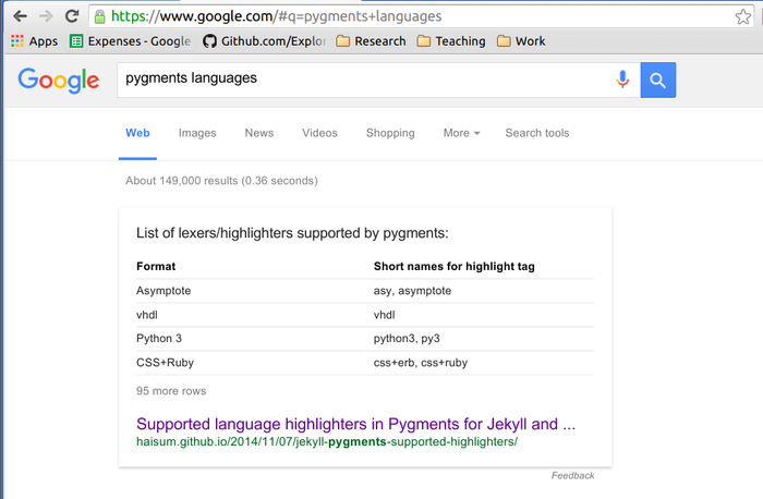 Google tables pygments jekyll highlighters